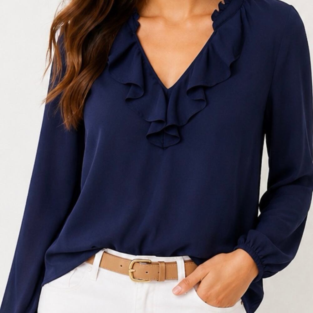 Women’s Lily Pulitzer Navy Blue Ruffle Blouse Top Long Sleeve Size Large